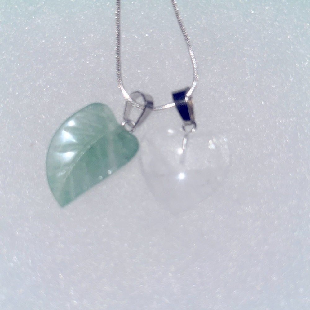 Hippie Boho Jade Leaf 🍃 and Quartz Heart ❤️ Sterling Silver 18” Necklace